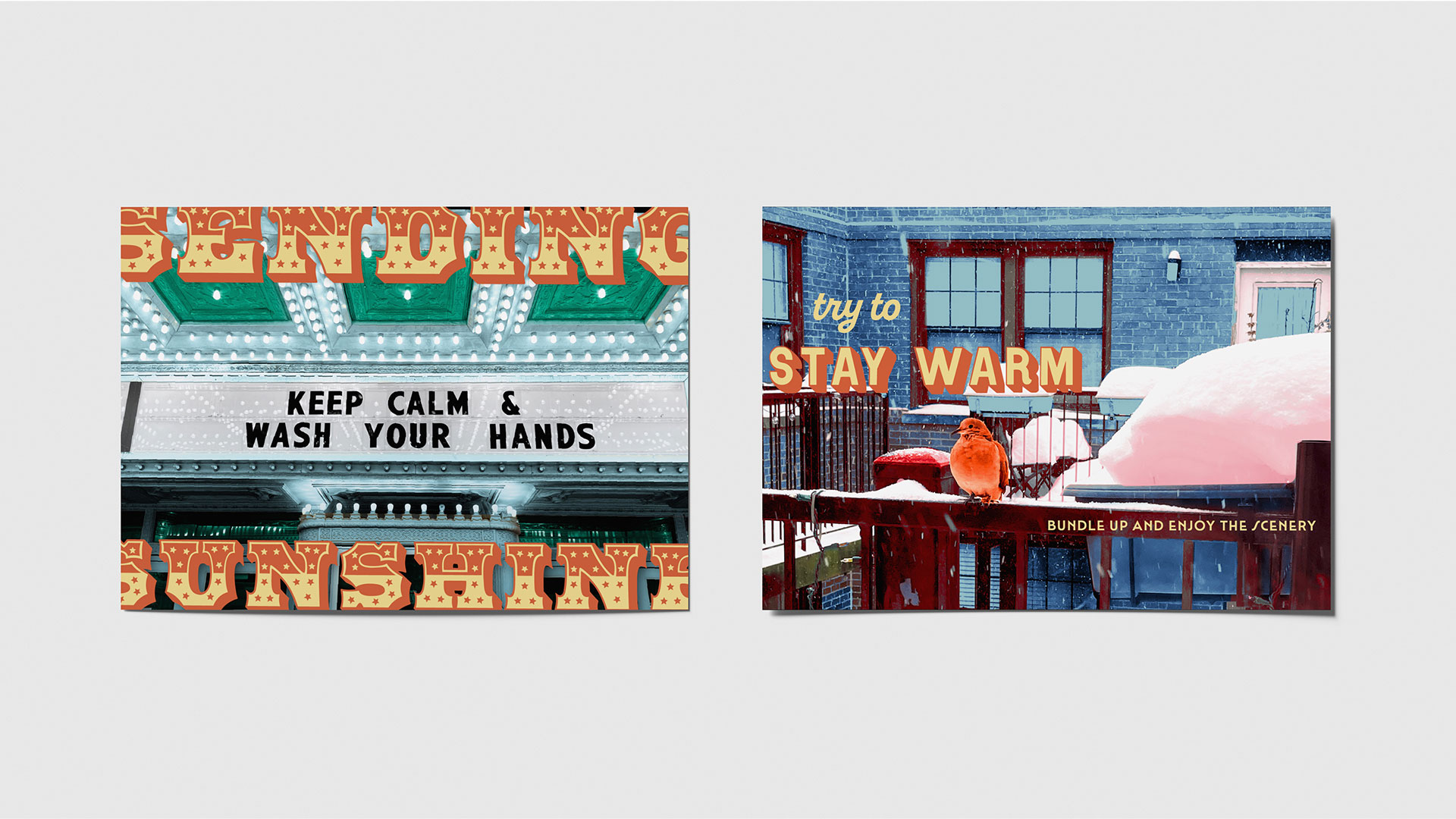 two postcards of my patio and a theatre